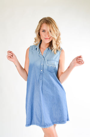 faded denim shirt dress Denim Mini Shirt Dress + Long Sleeves